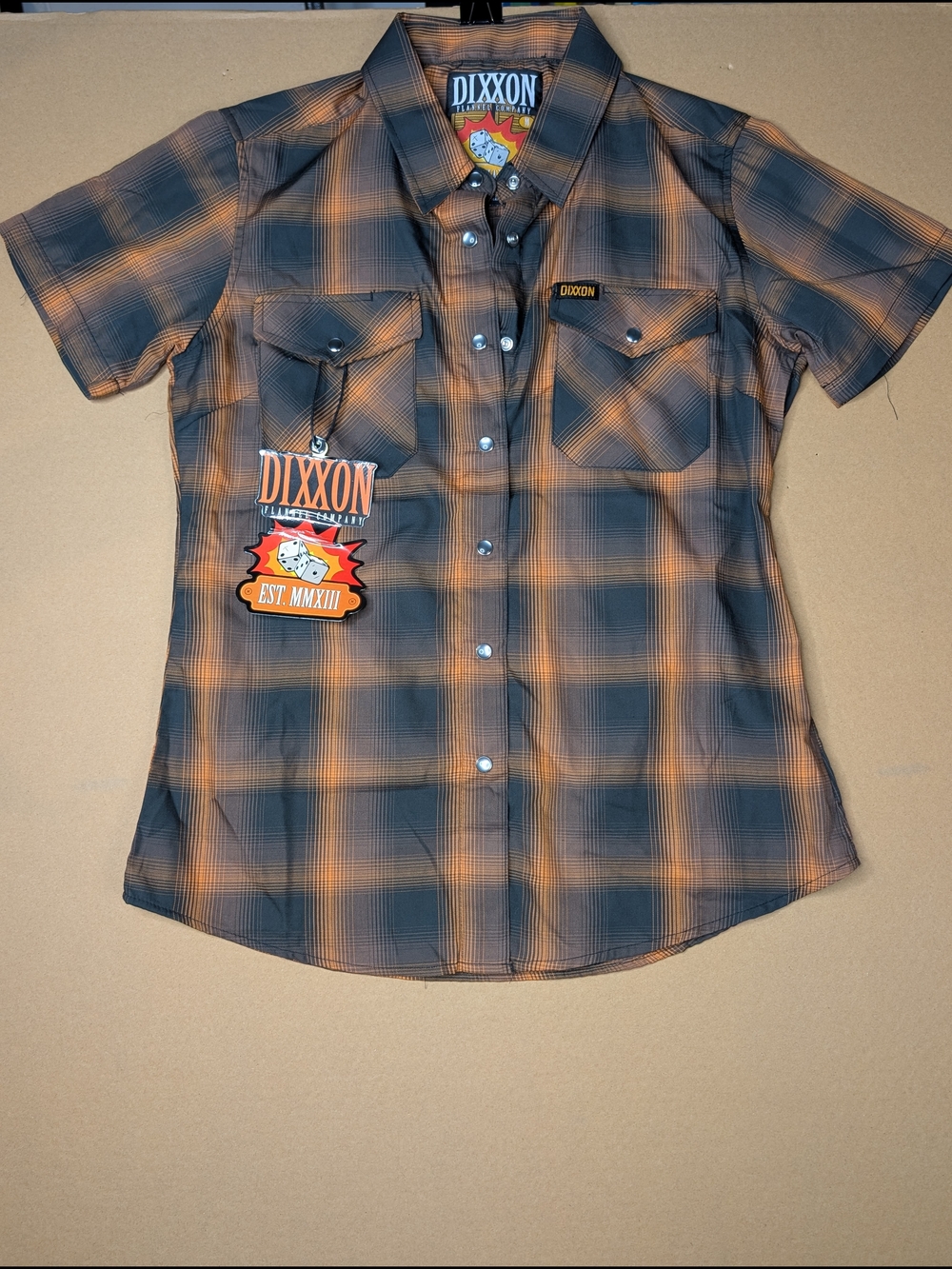 Dixxon Orange & Black Plaid Short Sleeve Shirt Size medium